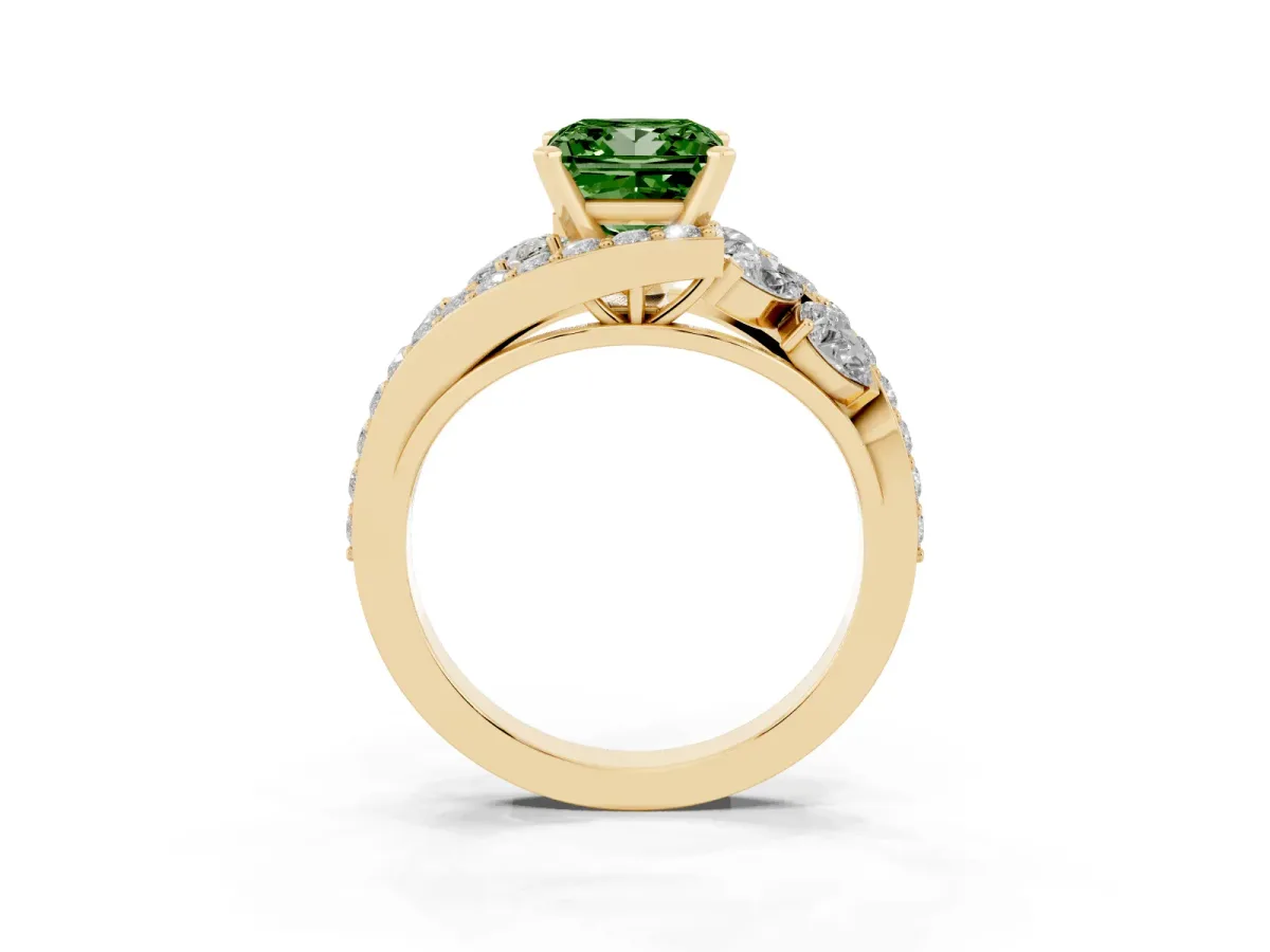 Fancy Green Princess Cut Diamond Halo Ring with Marquise and Pavé Band in Prong Setting Yellow gold