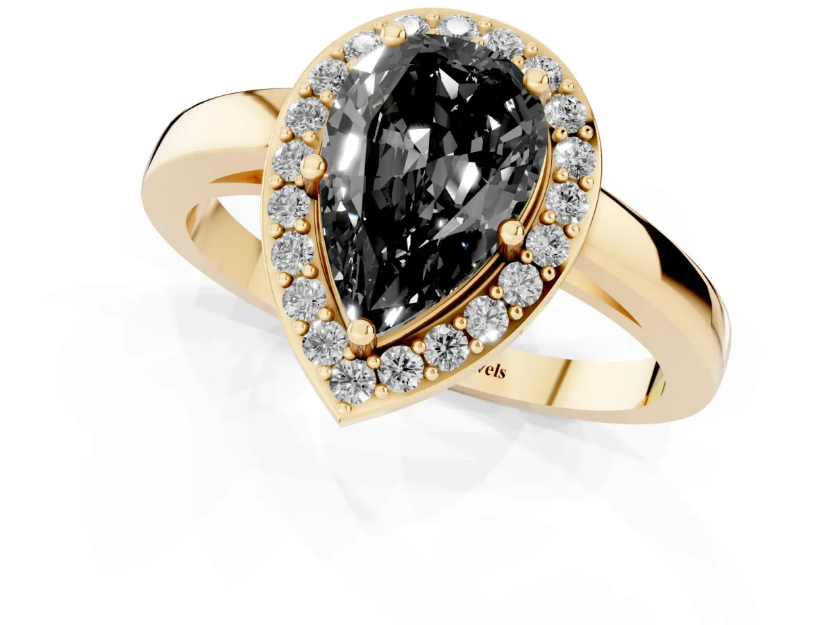 Fancy Black Pear Cut Halo Diamond Ring with Solitaire Band and Prong Setting Yellow gold