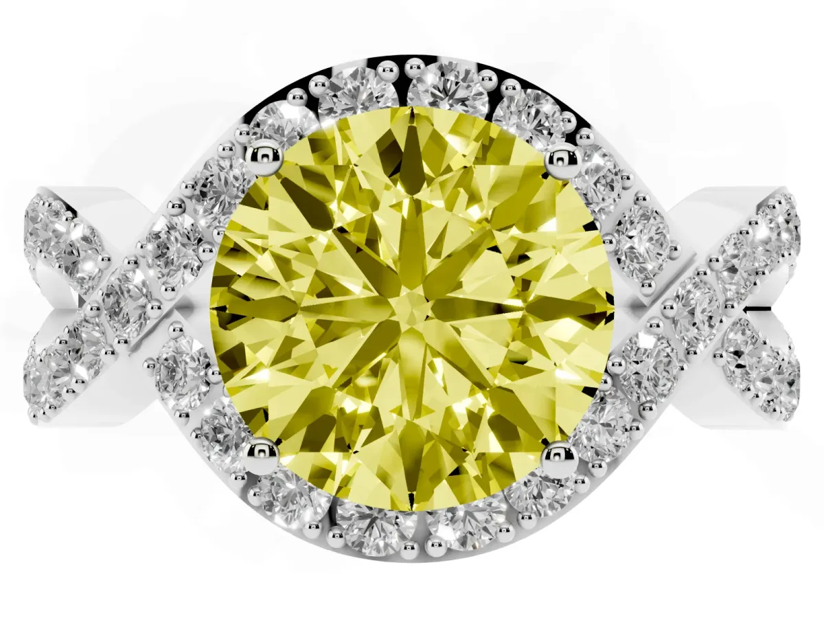 Fancy Yellow Round Cut Solitaire Twist Band Pavé Diamond Engagement Ring Silver