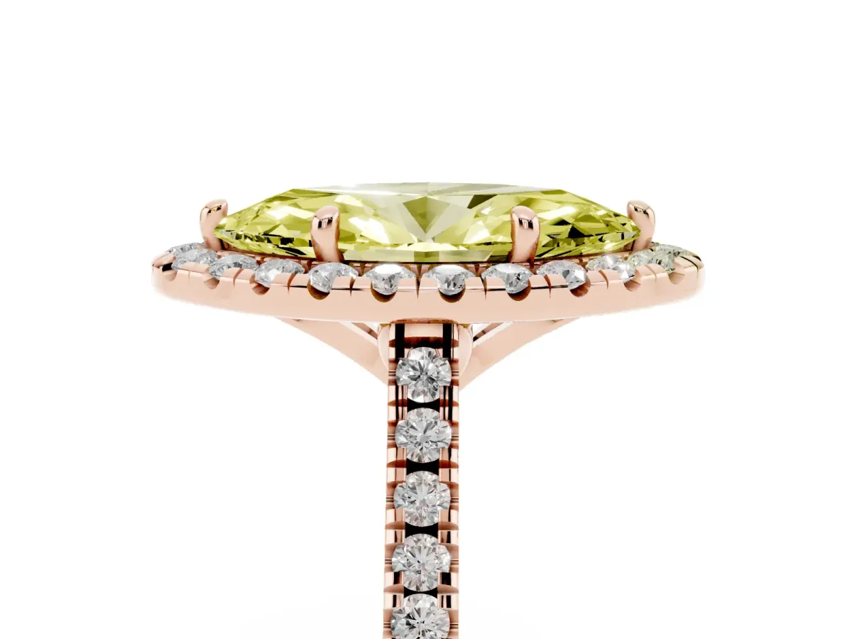 Fancy Yellow Marquise Cut Diamond Cushion Halo Ring with Pavé Band Rose gold