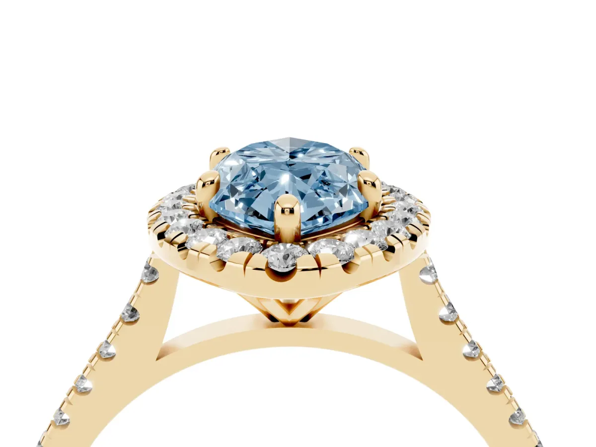 Fancy Blue Marquise Cut Diamond Cushion Halo Ring with Pavé Band Yellow gold