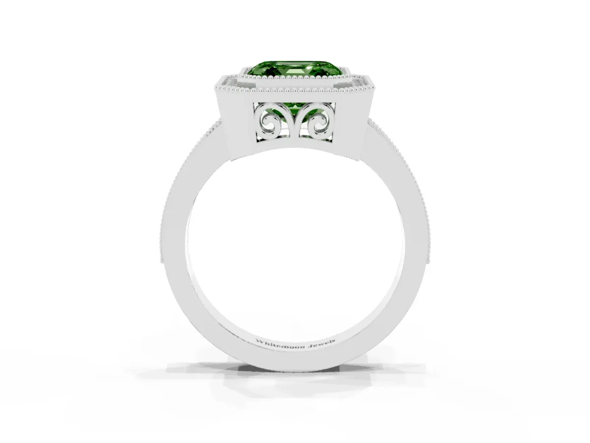 Fancy Green Asscher Cut Cut Halo Diamond Ring with Pavé Band and Milgrain Prong Setting Silver