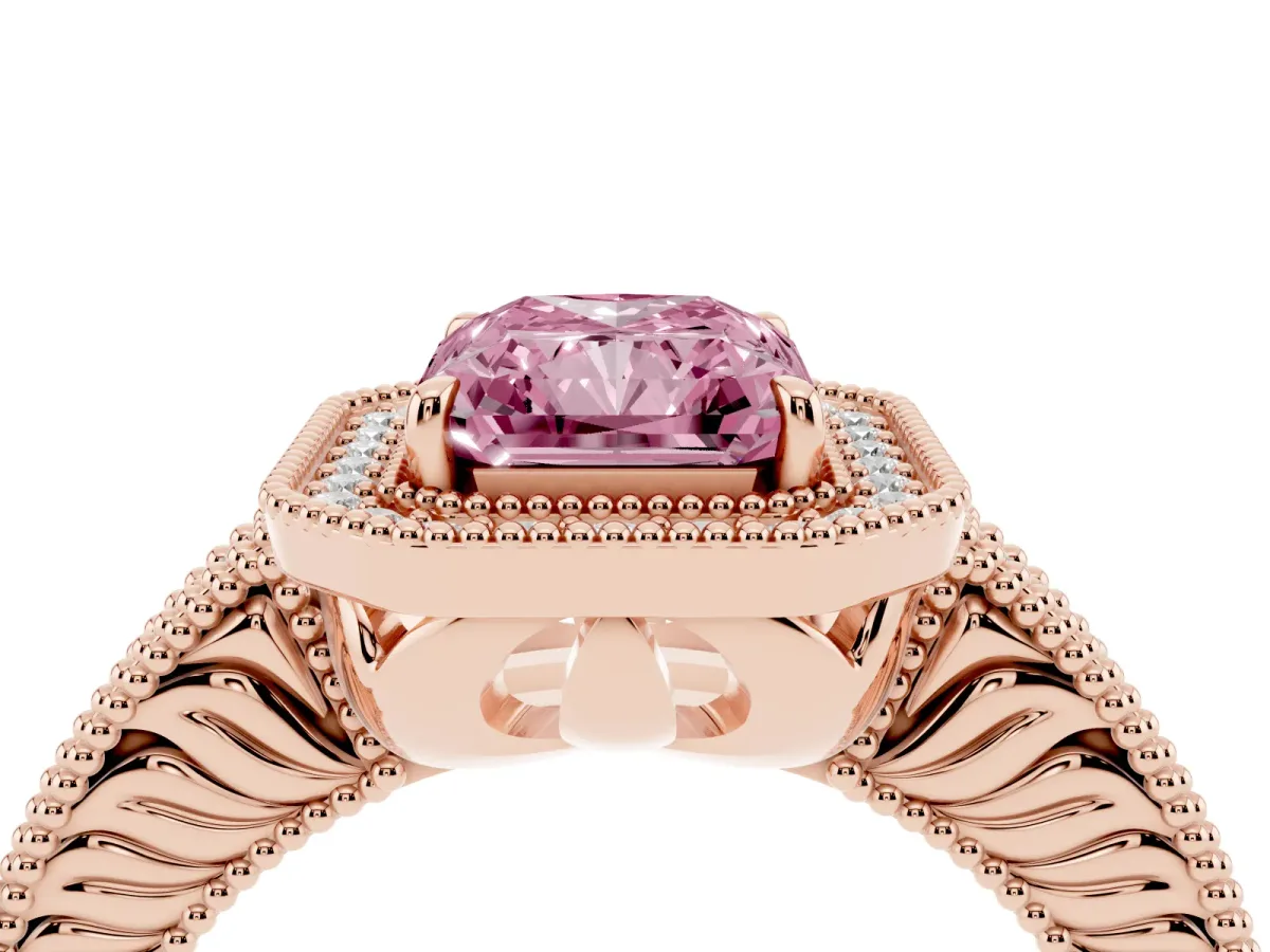 Fancy Pink Radiant Cut Cut Halo Diamond Ring with Pavé Band and Four-Prong Setting Rose gold