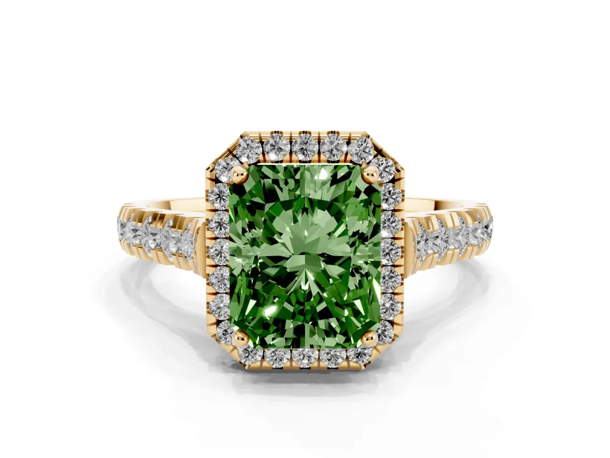 Fancy Green Radiant Cut Halo Pavé Diamond Engagement Ring with Four-Prong Setting Yellow gold