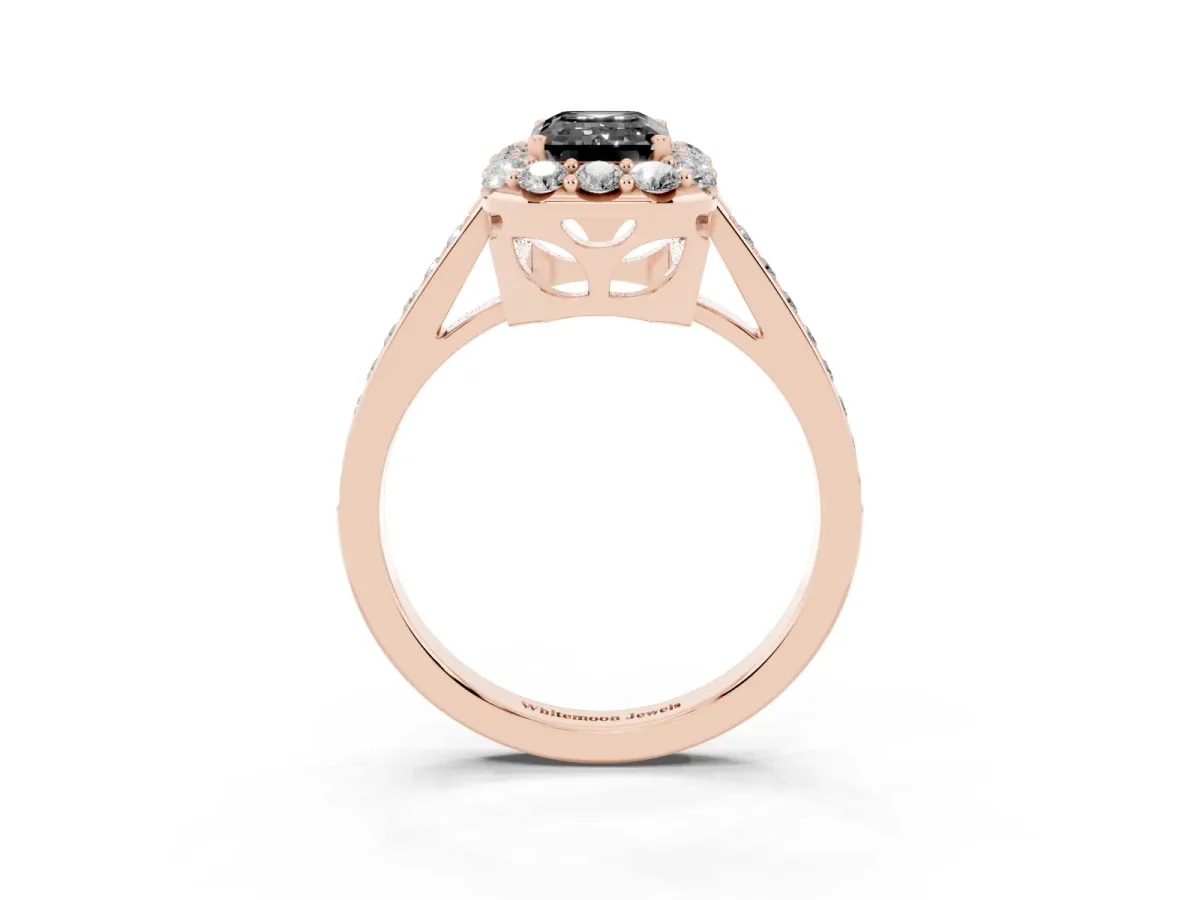 Fancy Black Emerald Cut Diamond Floral Halo Ring with Pavé Band and Prong Setting Rose gold