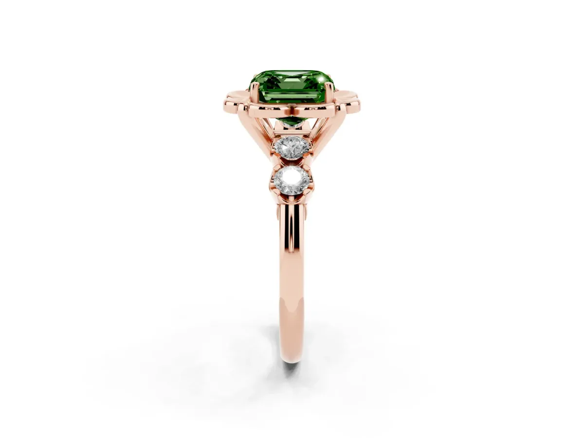Fancy Green Asscher Cut Cut Diamond Floral Halo Engagement Ring with Shared Prong Setting Rose gold
