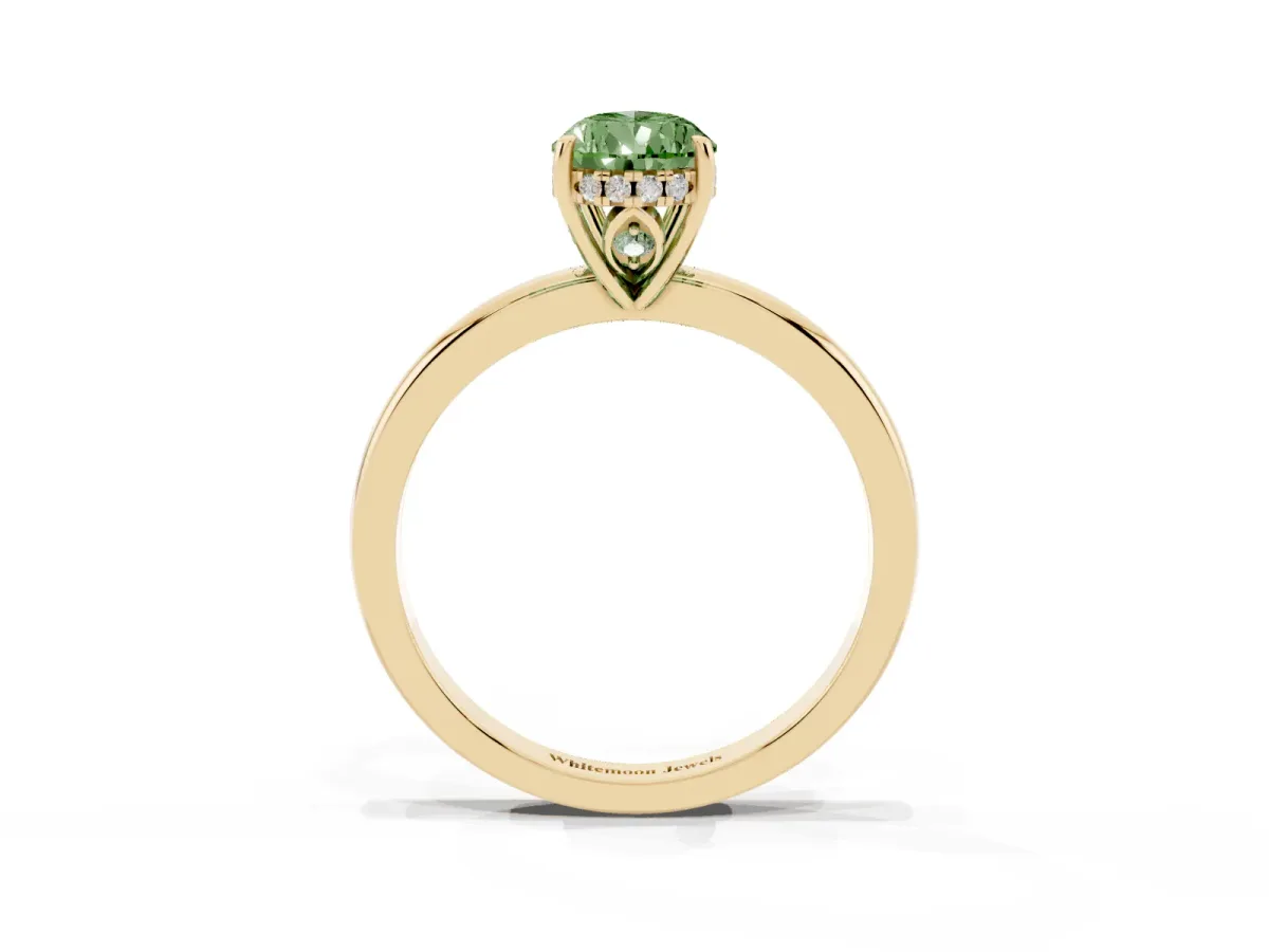 Fancy Green Pear Cut Solitaire Diamond Ring with Prong Setting and Plain Band Yellow gold