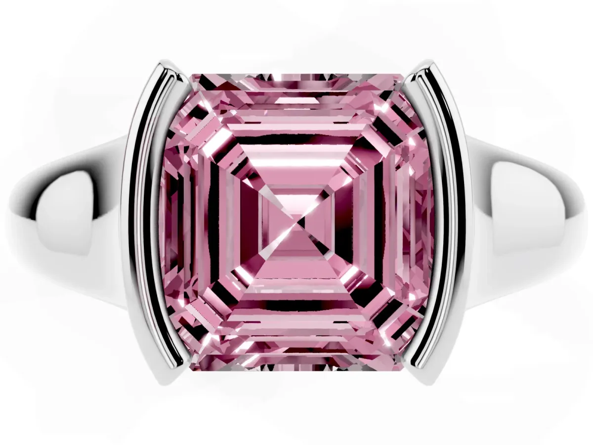 Fancy Pink Asscher Cut Solitaire Tension Set Diamond Ring with Split Shank Band Platinum