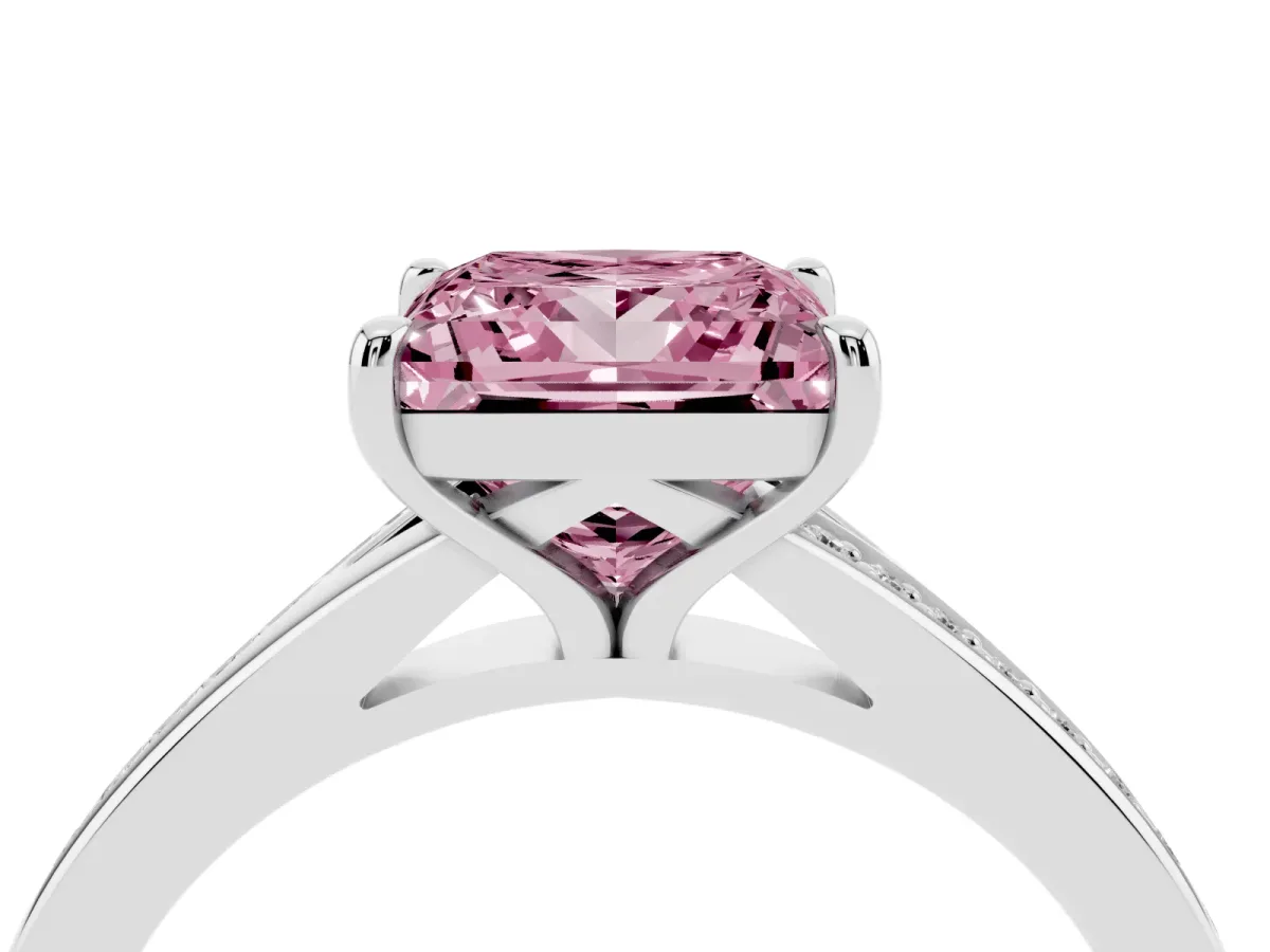Fancy Pink Princess Cut Diamond Solitaire Ring with Pavé Band and Prong Setting Platinum