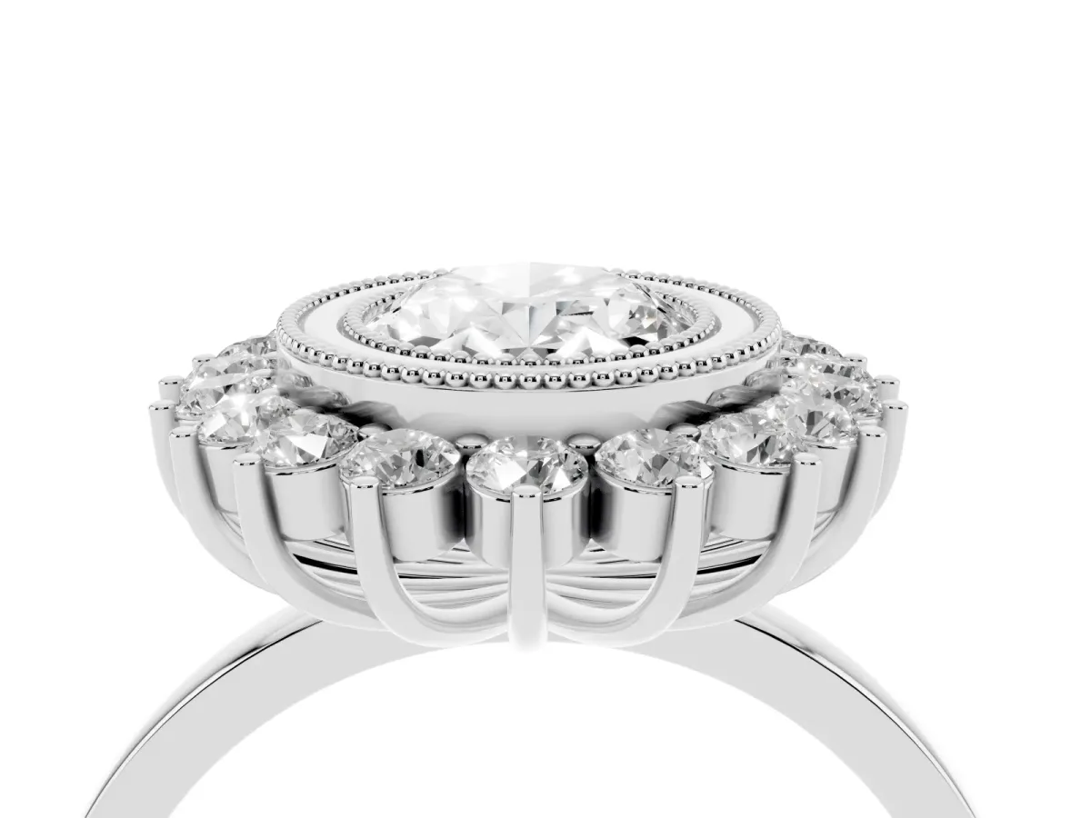 Oval Cut Halo Diamond Ring with Milgrain Edge and Round Prong Setting Silver