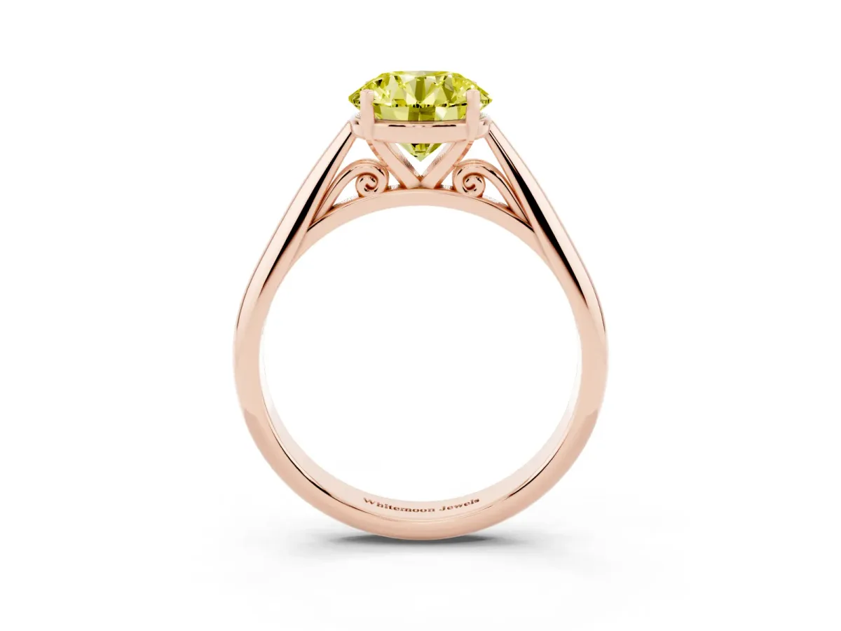 Fancy Yellow Round Cut Diamond Solitaire Engagement Ring with Cathedral Setting and Four-Prong Mount Rose gold