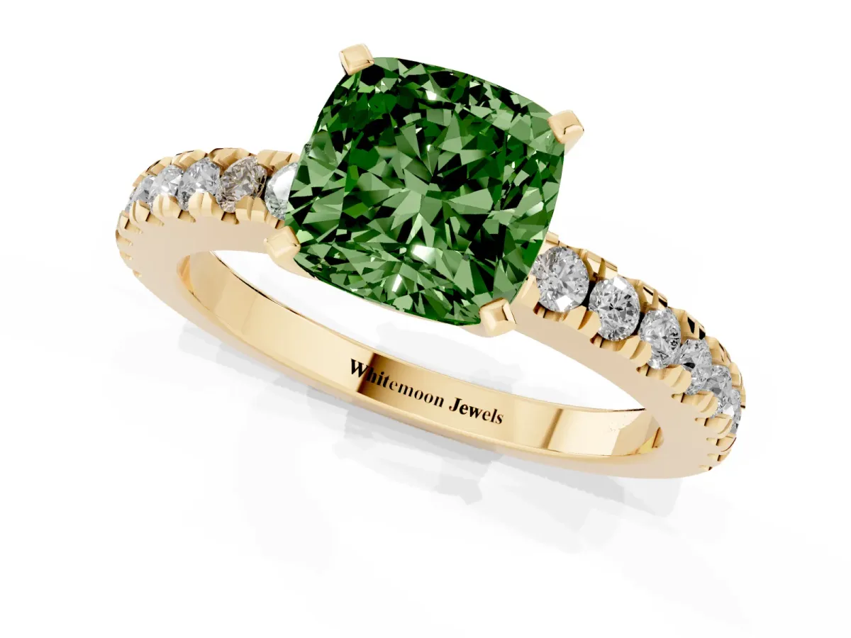 Fancy Green Cushion Cut Solitaire Diamond with Pavé Band and Four-Prong Setting Yellow gold