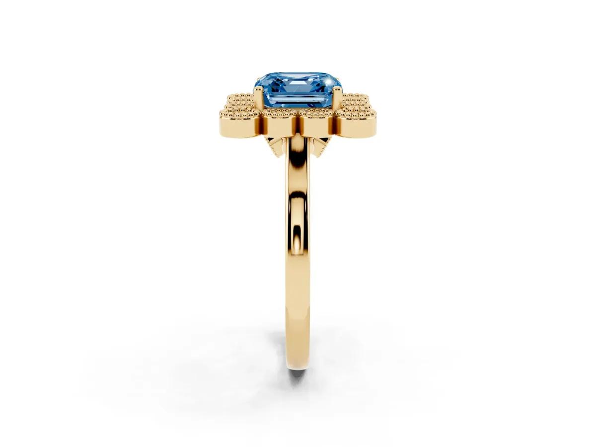 Fancy Blue Asscher Cut Halo Diamond Cluster Engagement Ring with Milgrain Bezel Setting and Solitaire Band Yellow gold
