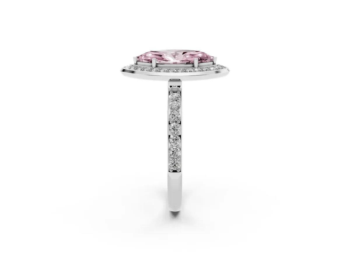 Fancy Pink Marquise Cut Diamond Halo Ring with Bezel Frame and Pavé Band White gold