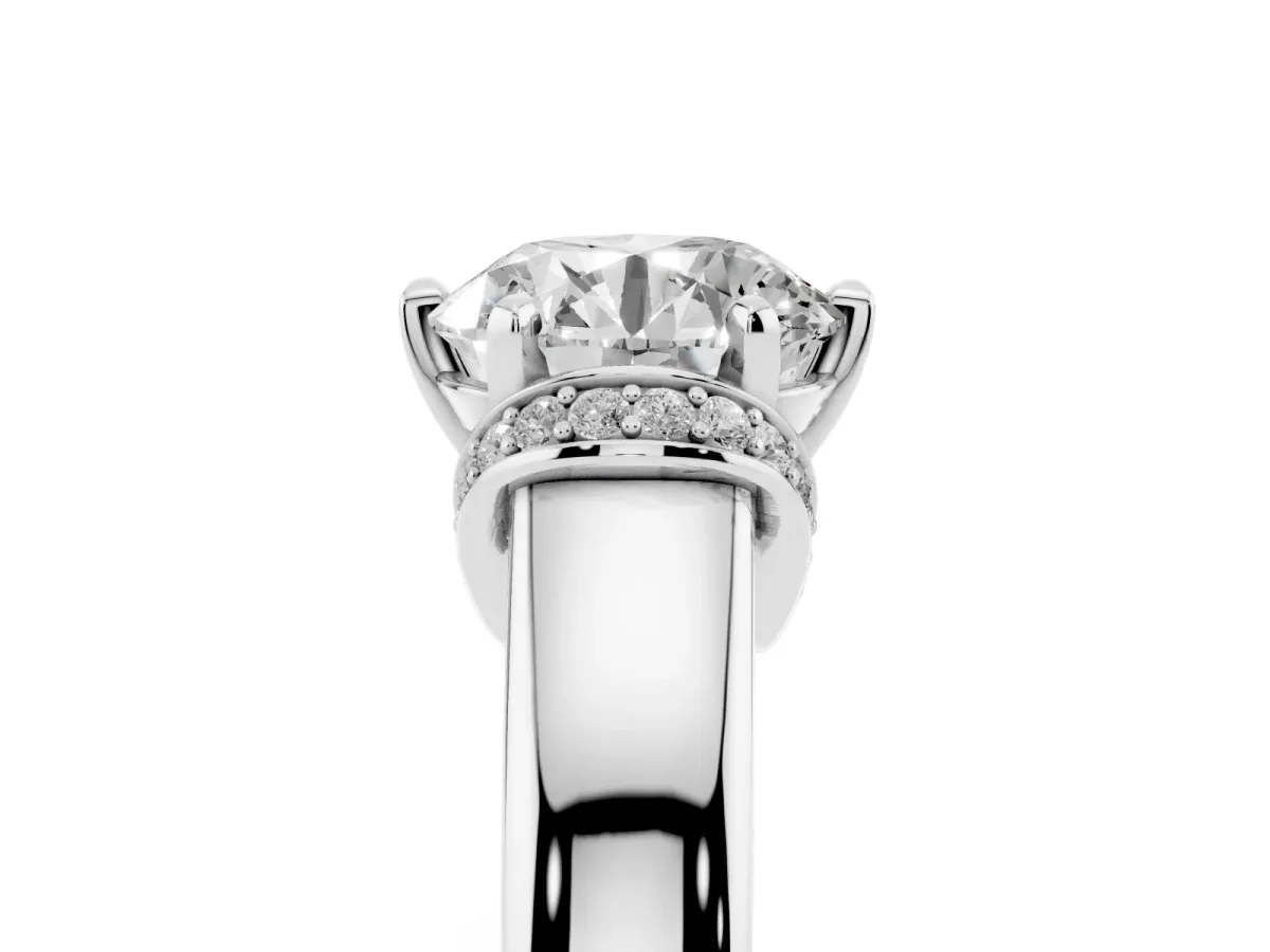Round Cut Solitaire Diamond Ring with Pave Band and Six-Prong Setting Silver