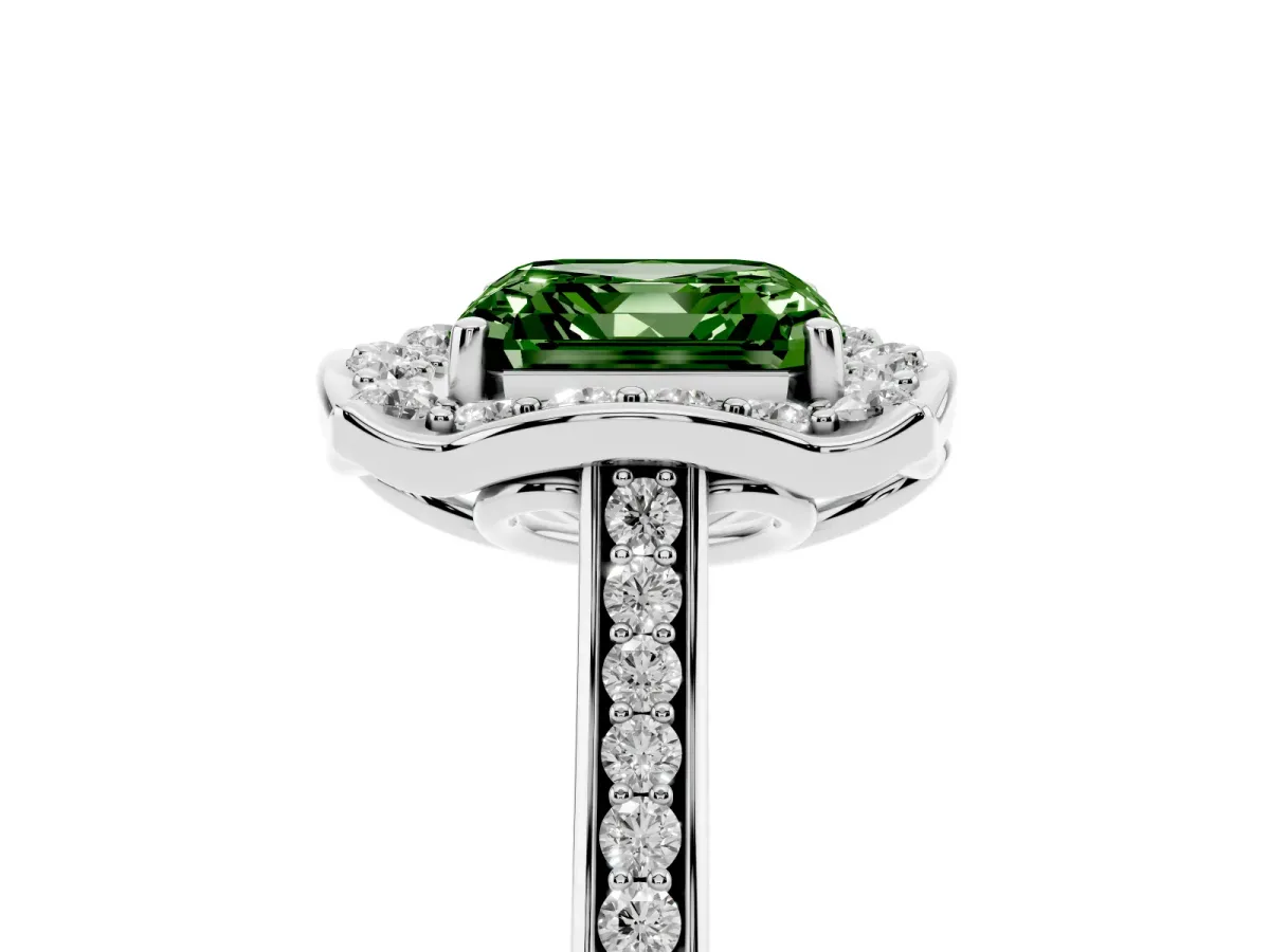 Fancy Green Asscher Cut Halo Round Diamond Pave Band with Four-Prong Setting White gold