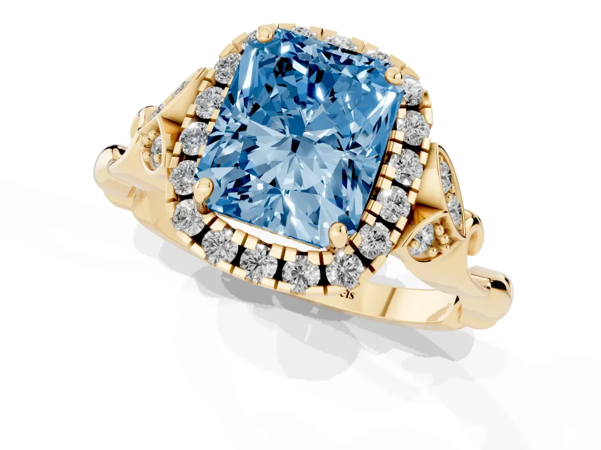 Fancy Blue Radiant Cut Halo Diamond Engagement Ring with Vintage-Inspired Band and Four-Prong Setting Yellow gold