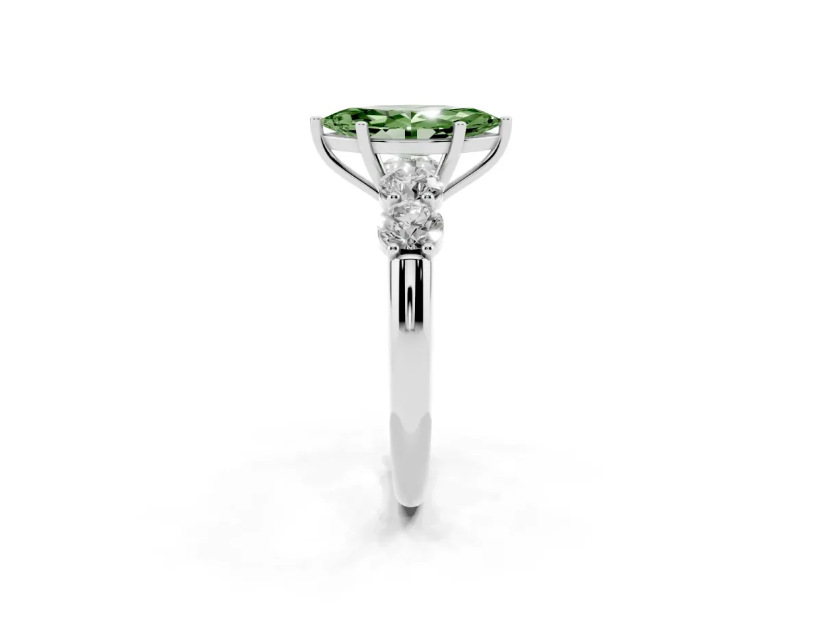 Fancy Green Marquise Cut Cut Five-Stone Prong Set Diamond Ring with Classic Band Silver