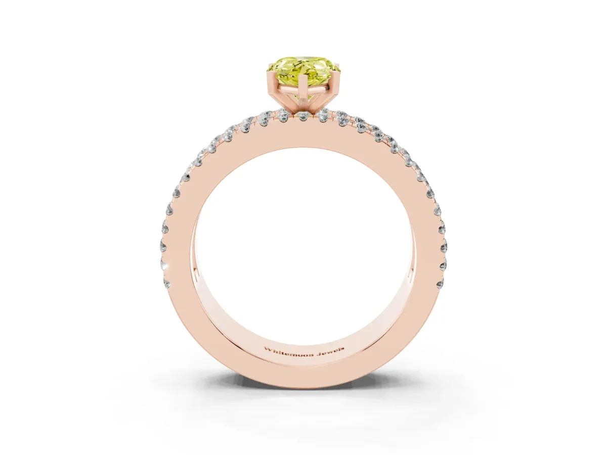 Fancy Yellow Pear Cut Diamond Solitaire Ring with Pavé and Channel Set Band Rose gold