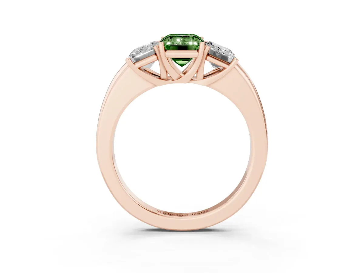 Fancy Green Emerald Cut Diamond Three-Stone Ring with Four-Prong Setting and Classic Band Rose gold