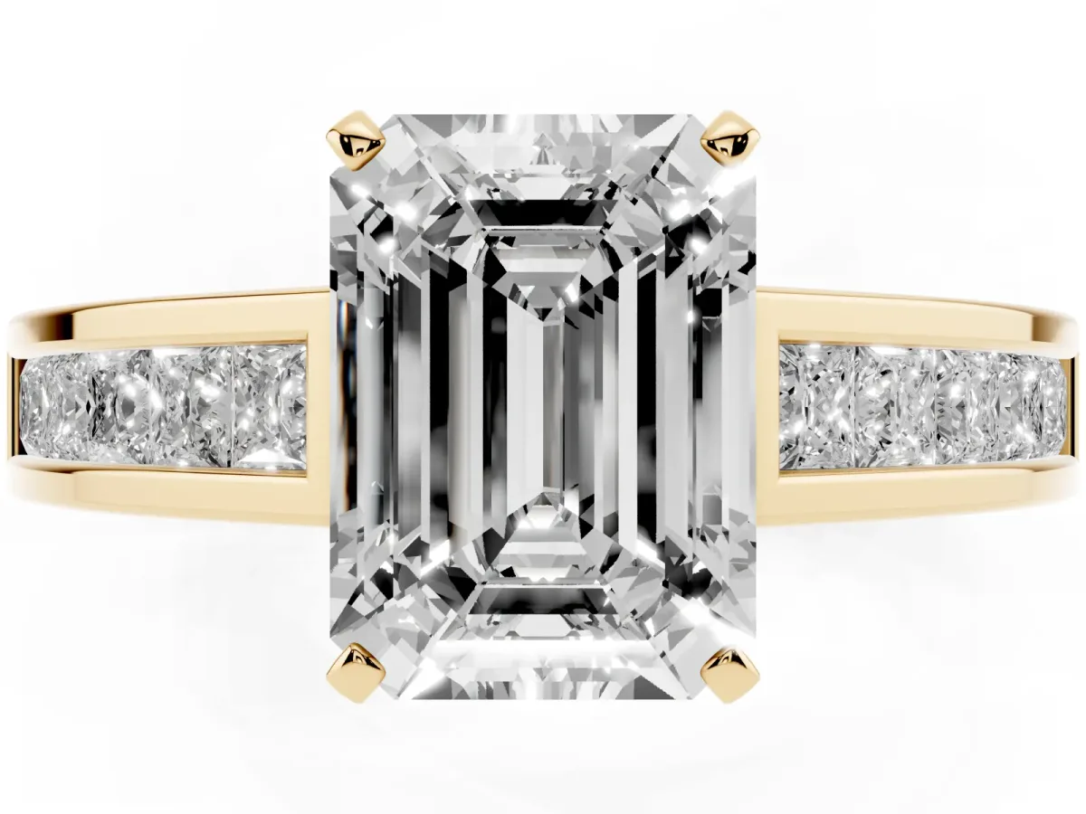 Emerald Cut Solitaire Diamond Ring with Channel-Set Band and Four-Prong Setting Yellow gold