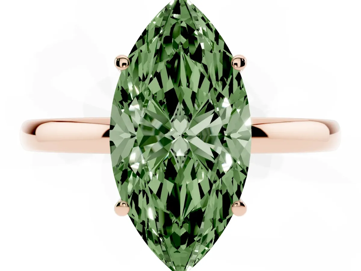 Fancy Green Marquise Cut Solitaire Diamond Ring with Prong Setting and Plain Band Rose gold