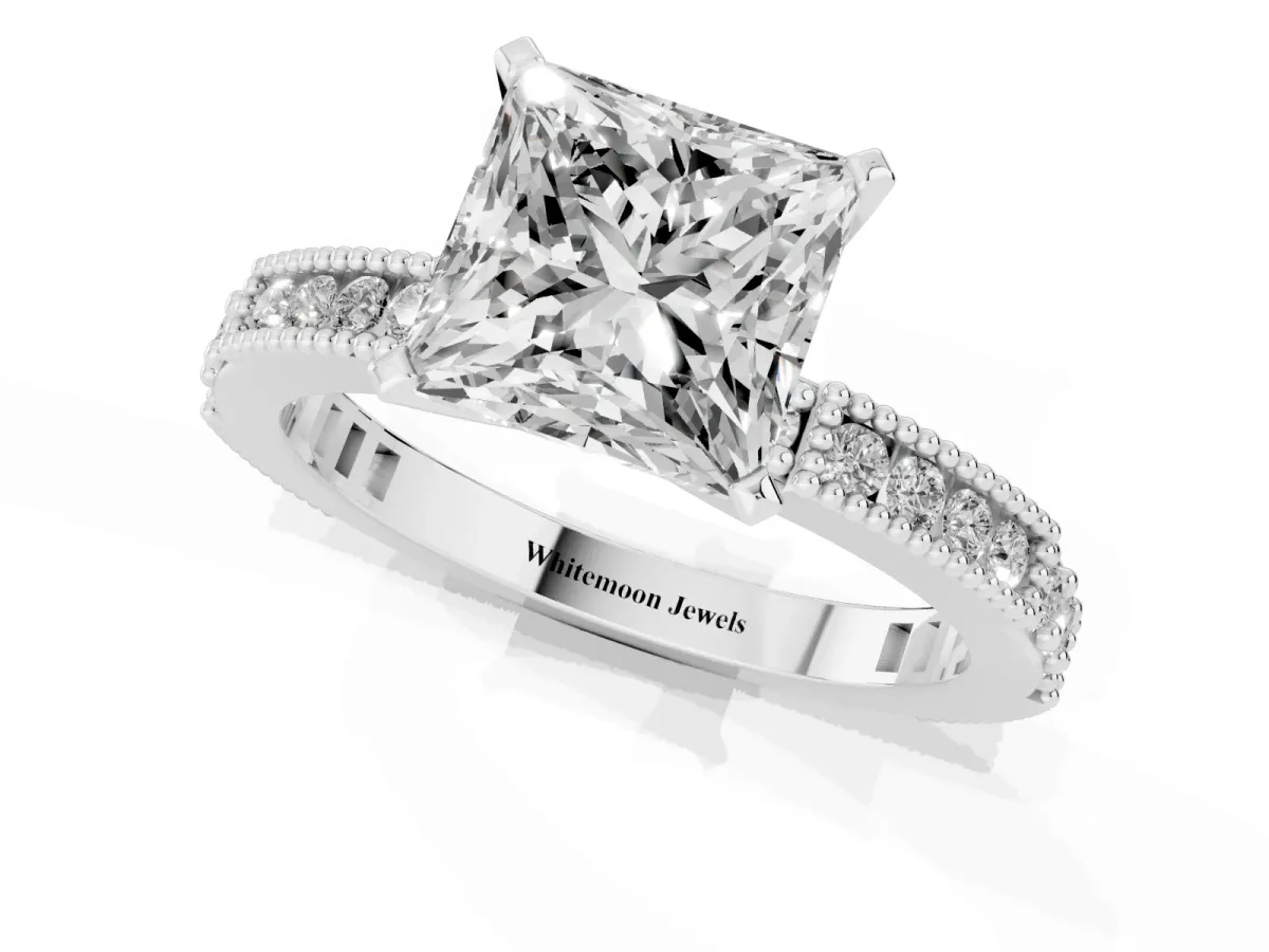 Princess Cut Solitaire with Pavé Band and Four-Prong Setting Silver