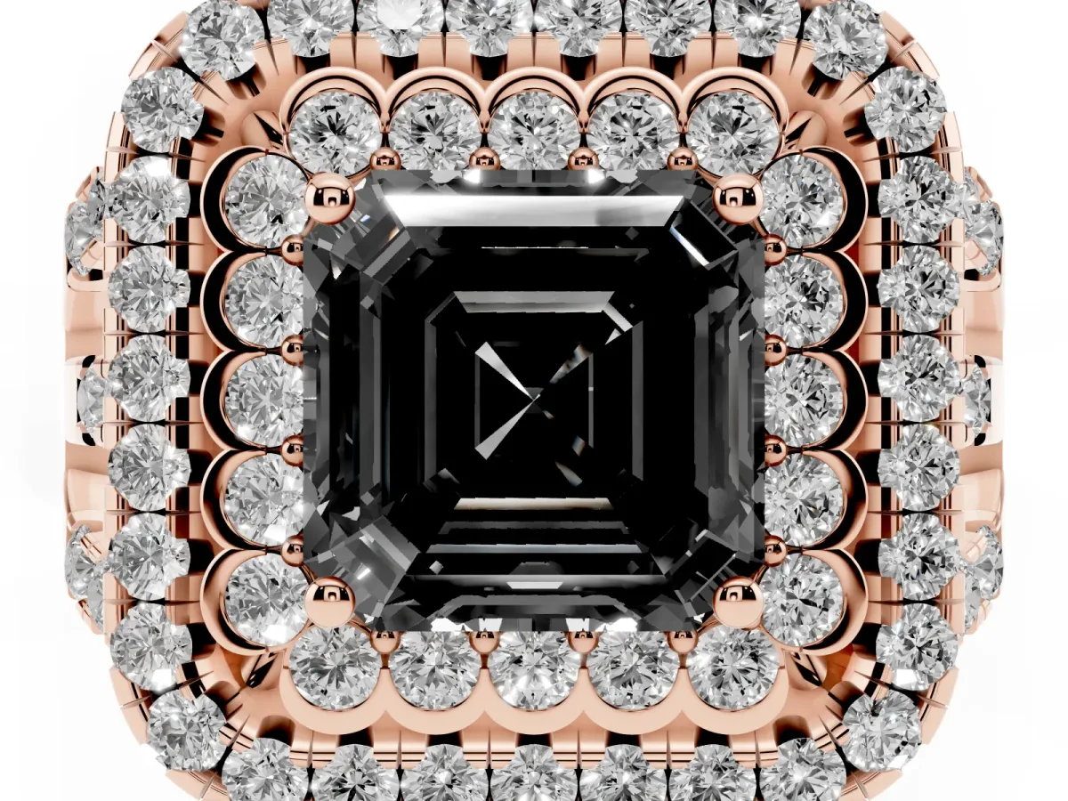 Fancy Black Asscher Cut Diamond Double Halo Ring with Round Pavé Split Shank and Prong Setting Rose gold
