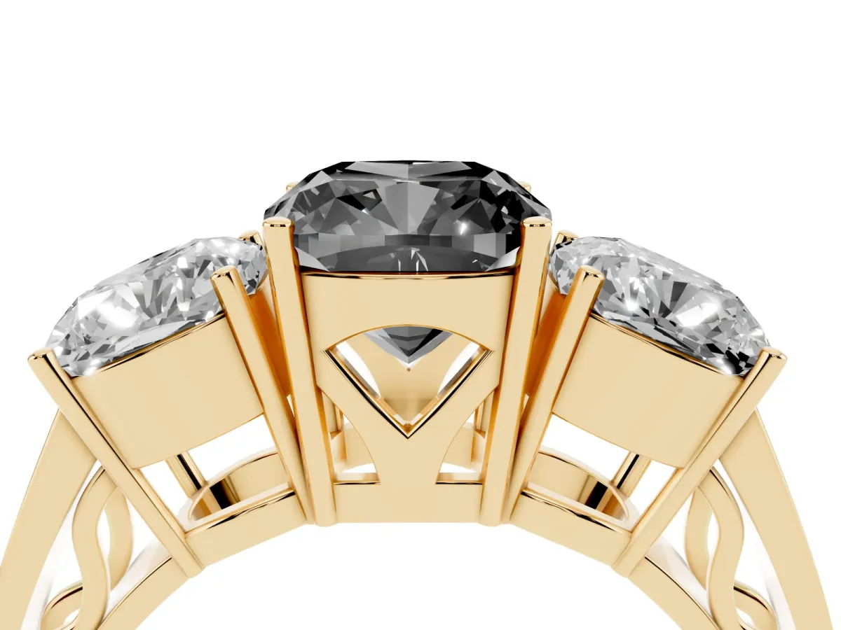 Fancy Black Cushion Cut Diamond Three-Stone Ring with Prong Setting and Textured Band Yellow gold