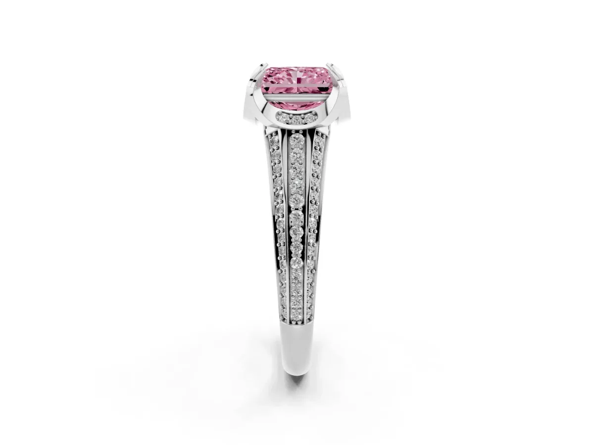 Fancy Pink Radiant Cut Solitaire Pave Split Shank Ring with Four-Prong Setting Silver