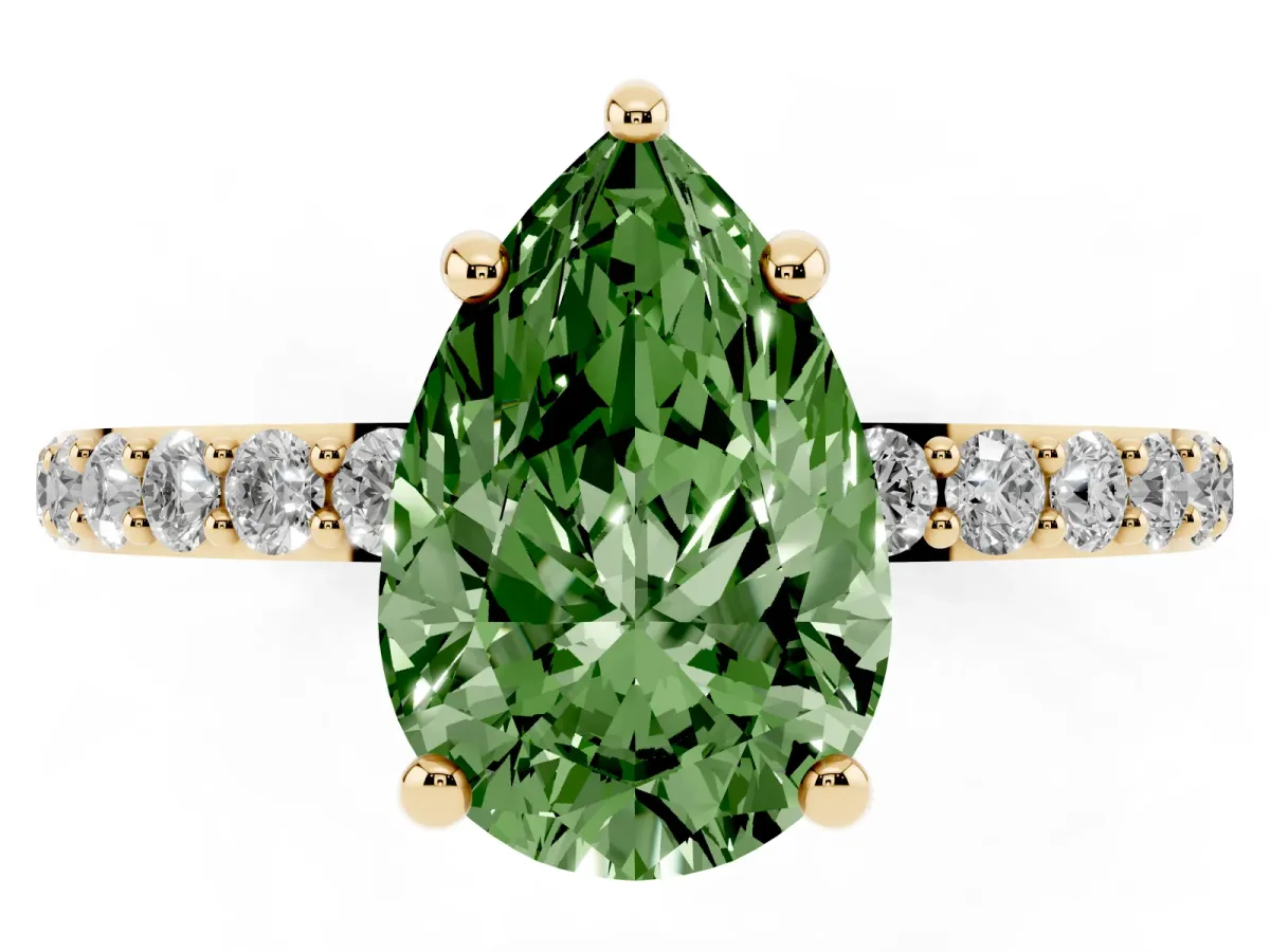 Fancy Green Pear Cut Diamond Solitaire Ring with Round Pavé Band and Prong Setting Yellow gold