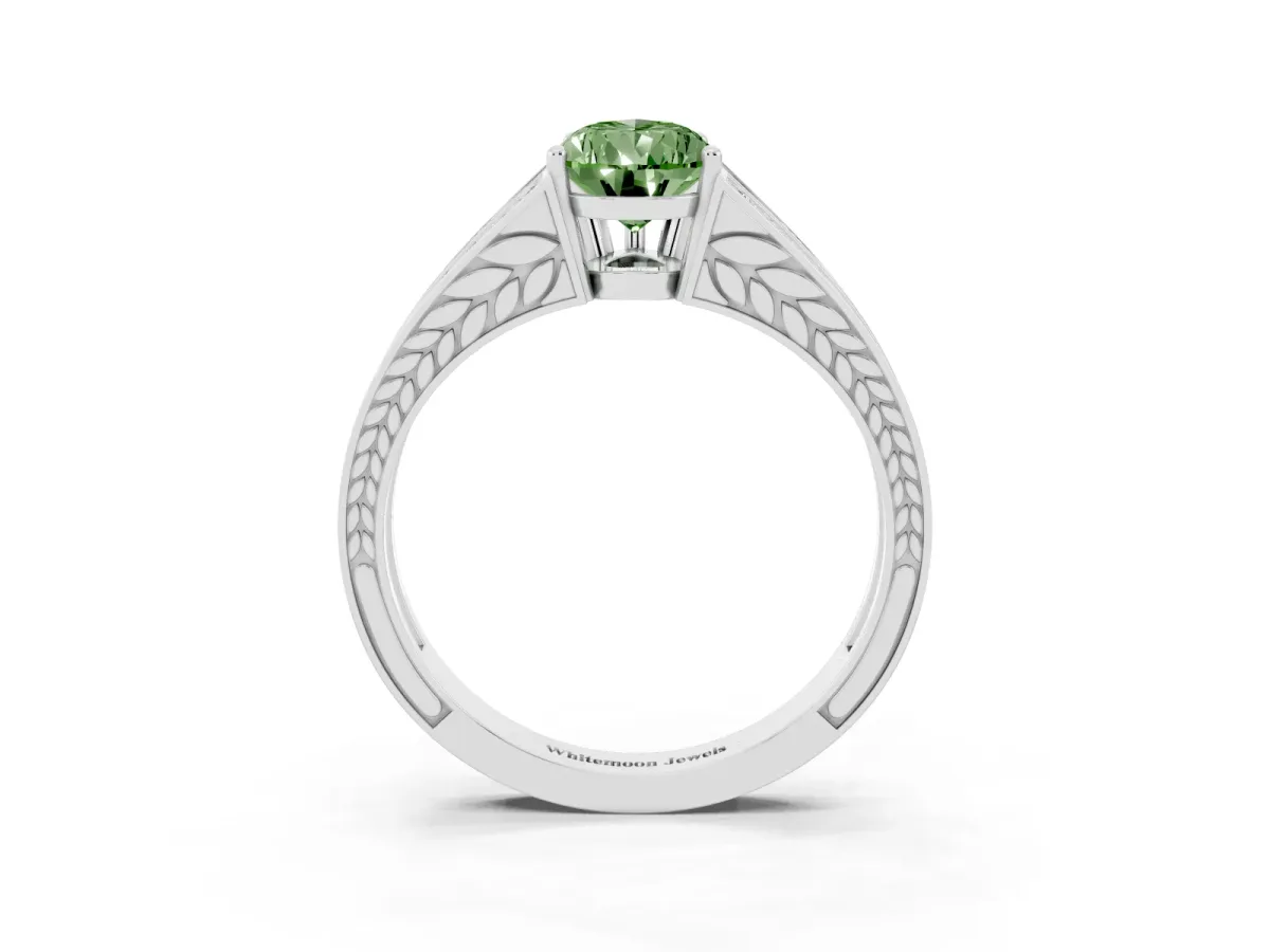 Fancy Green Pear Cut Diamond Split Shank Ring with Pavé Band and Four-Prong Setting Silver