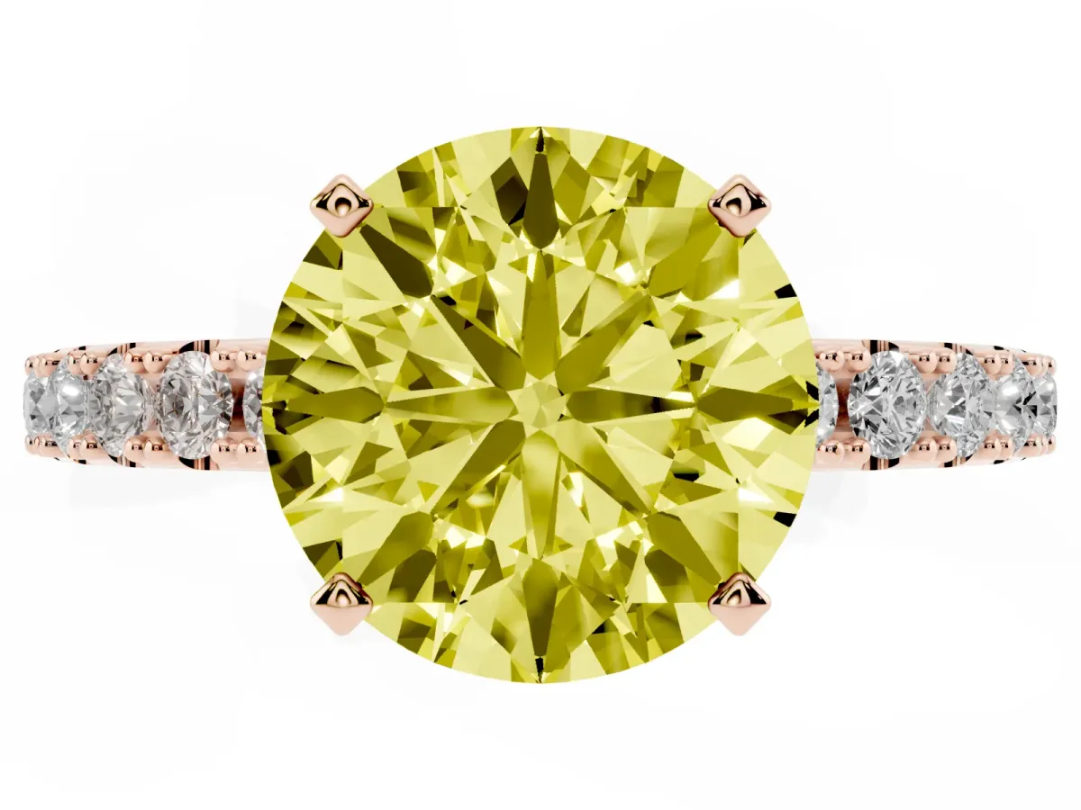 Fancy Yellow Round Cut Diamond Solitaire Pavé Band with Four-Prong Setting Rose gold