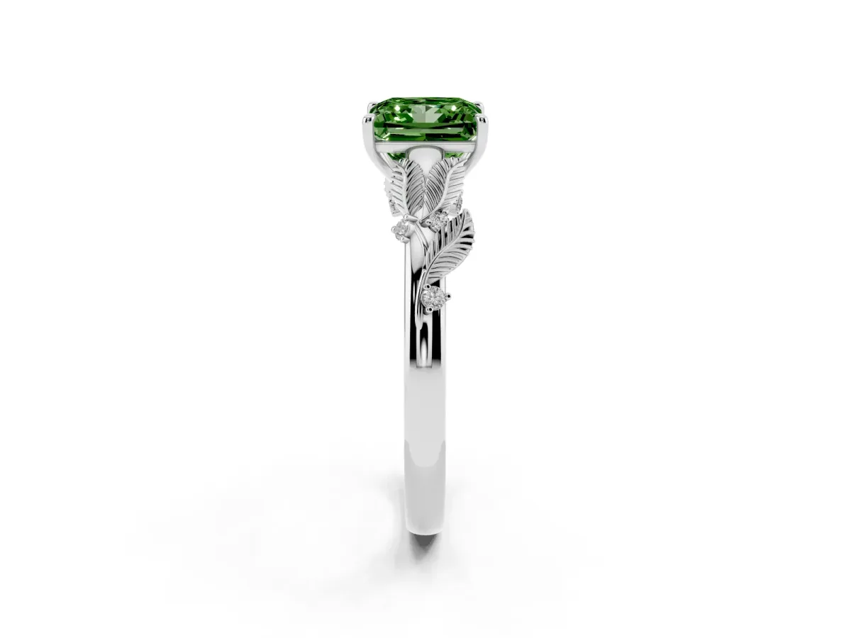 Fancy Green Princess Cut Diamond Solitaire Ring with Leaf Motif Band and Four-Prong Setting Silver