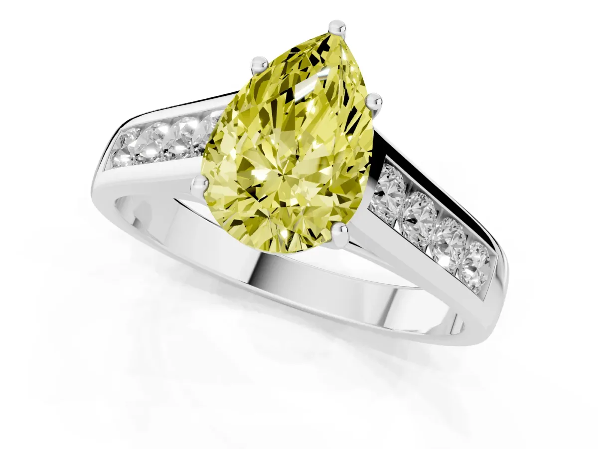 Fancy Yellow Pear Cut Solitaire Channel-Set Diamond Engagement Ring with Four-Prong Setting Platinum