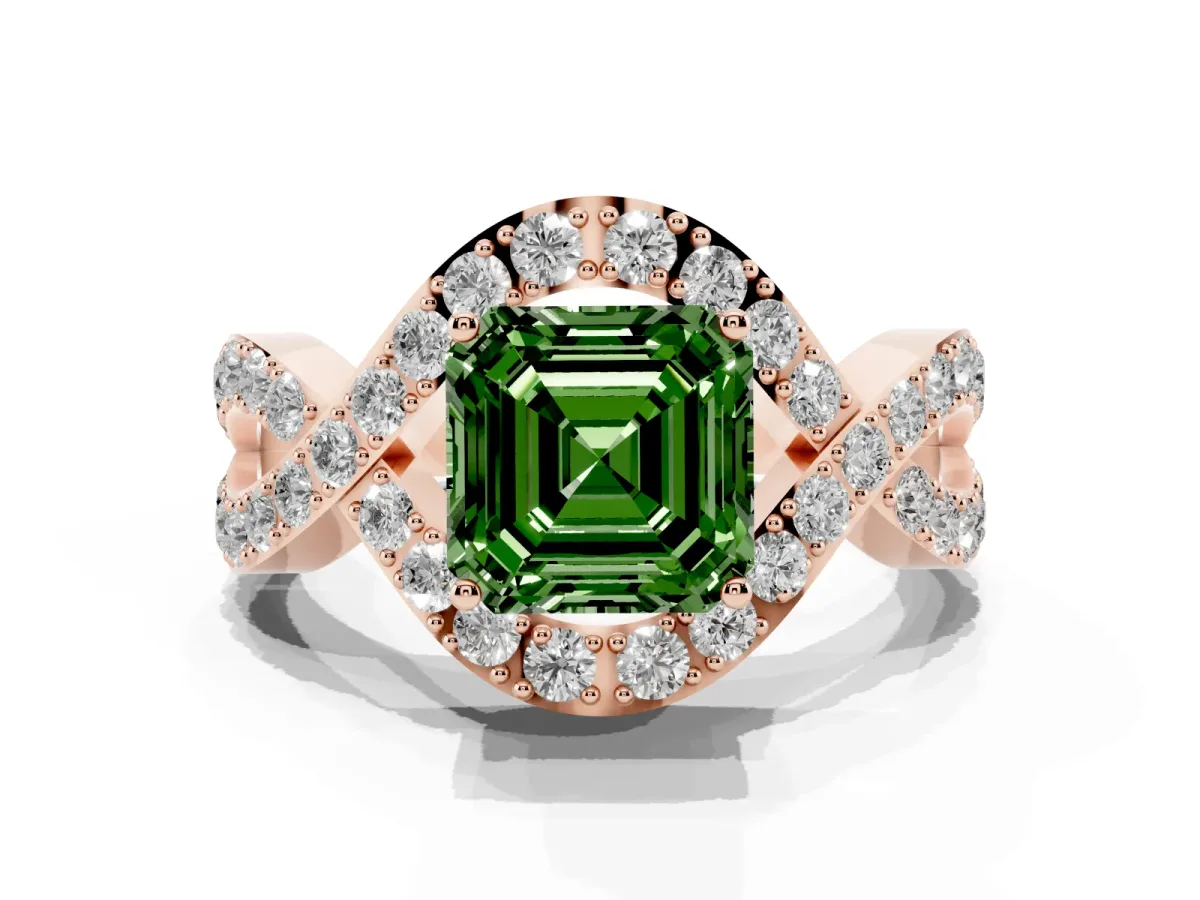 Fancy Green Asscher Cut Solitaire Twist Band Pavé Diamond Engagement Ring Rose gold