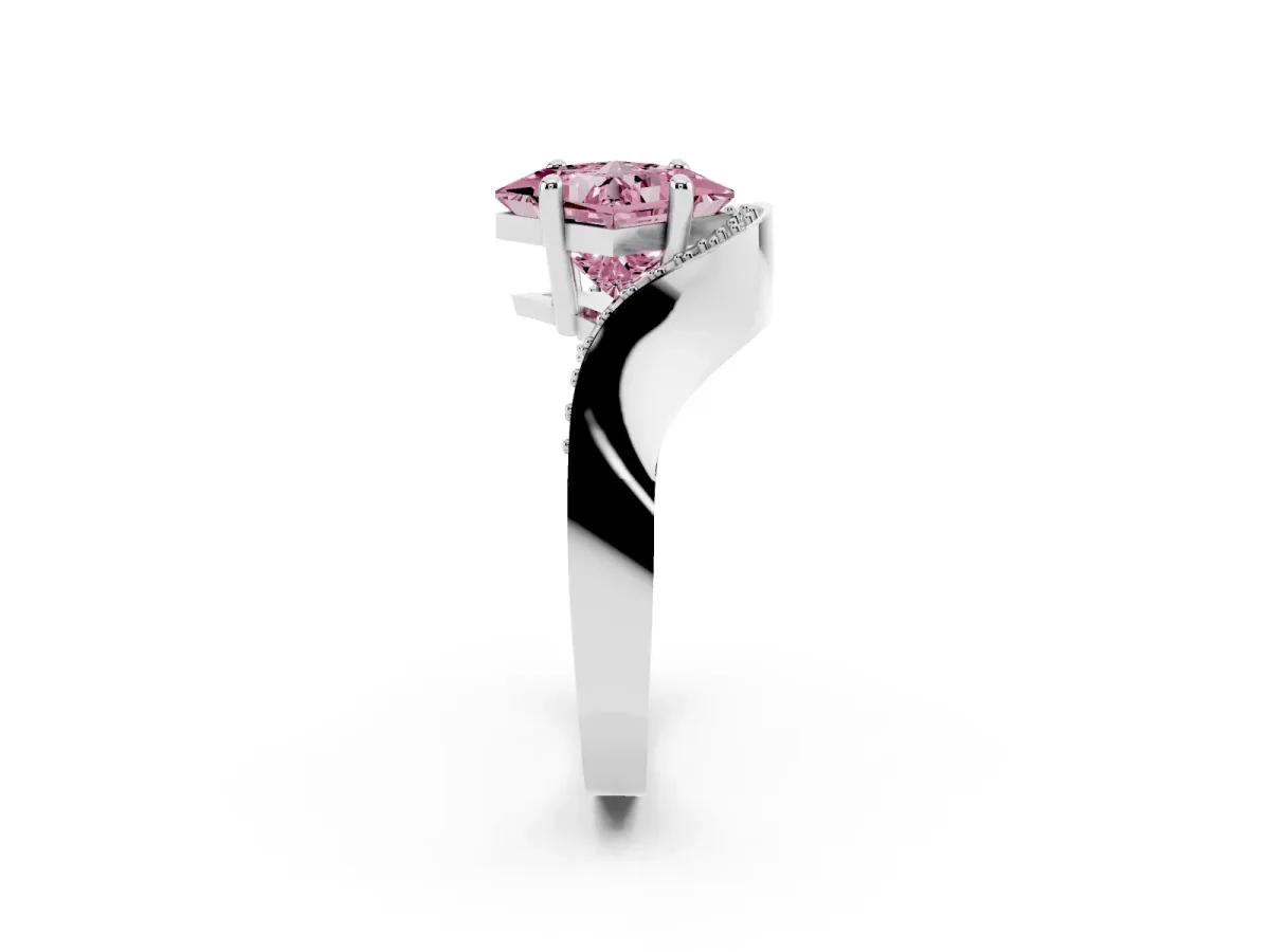 Fancy Pink Princess Cut Solitaire Diamond Engagement Ring with Pave Band and Four-Prong Setting Platinum