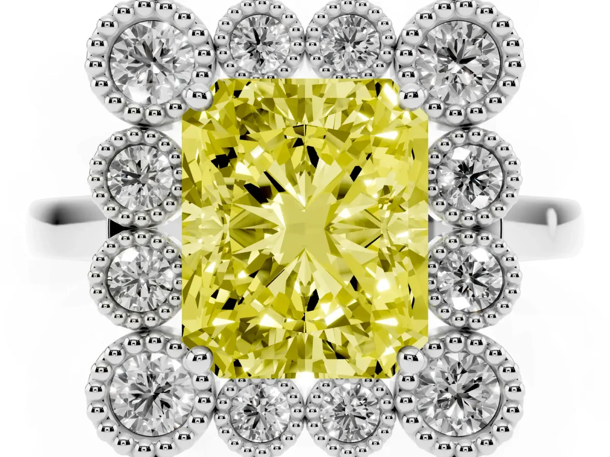 Fancy Yellow Radiant Cut Halo Diamond Cluster Engagement Ring with Milgrain Bezel Setting and Solitaire Band Silver