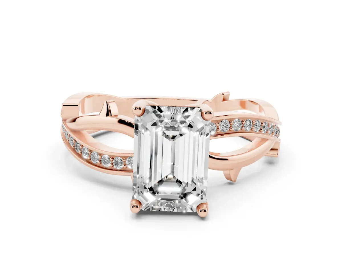Emerald Cut Solitaire Twist Band with Pavé Accents and Four-Prong Setting Rose gold
