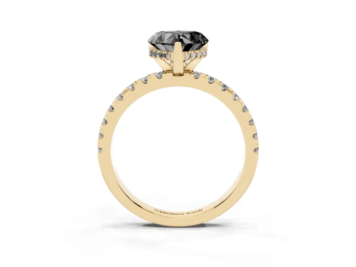 Fancy Black Heart Cut Diamond Solitaire Ring with Round Pavé Band and Four-Prong Setting Yellow gold