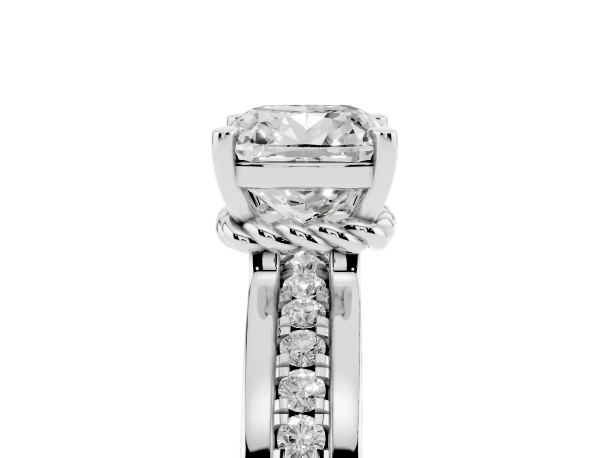 Cushion Cut Solitaire Diamond Ring with Channel Set Band and Six-Prong Setting Silver
