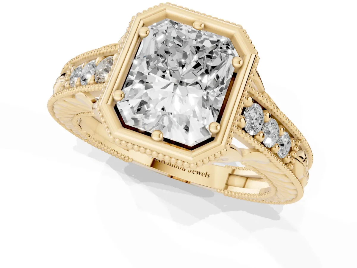 Bezel Set Radiant Cut Diamond Milgrain Pave Engagement Ring Yellow gold