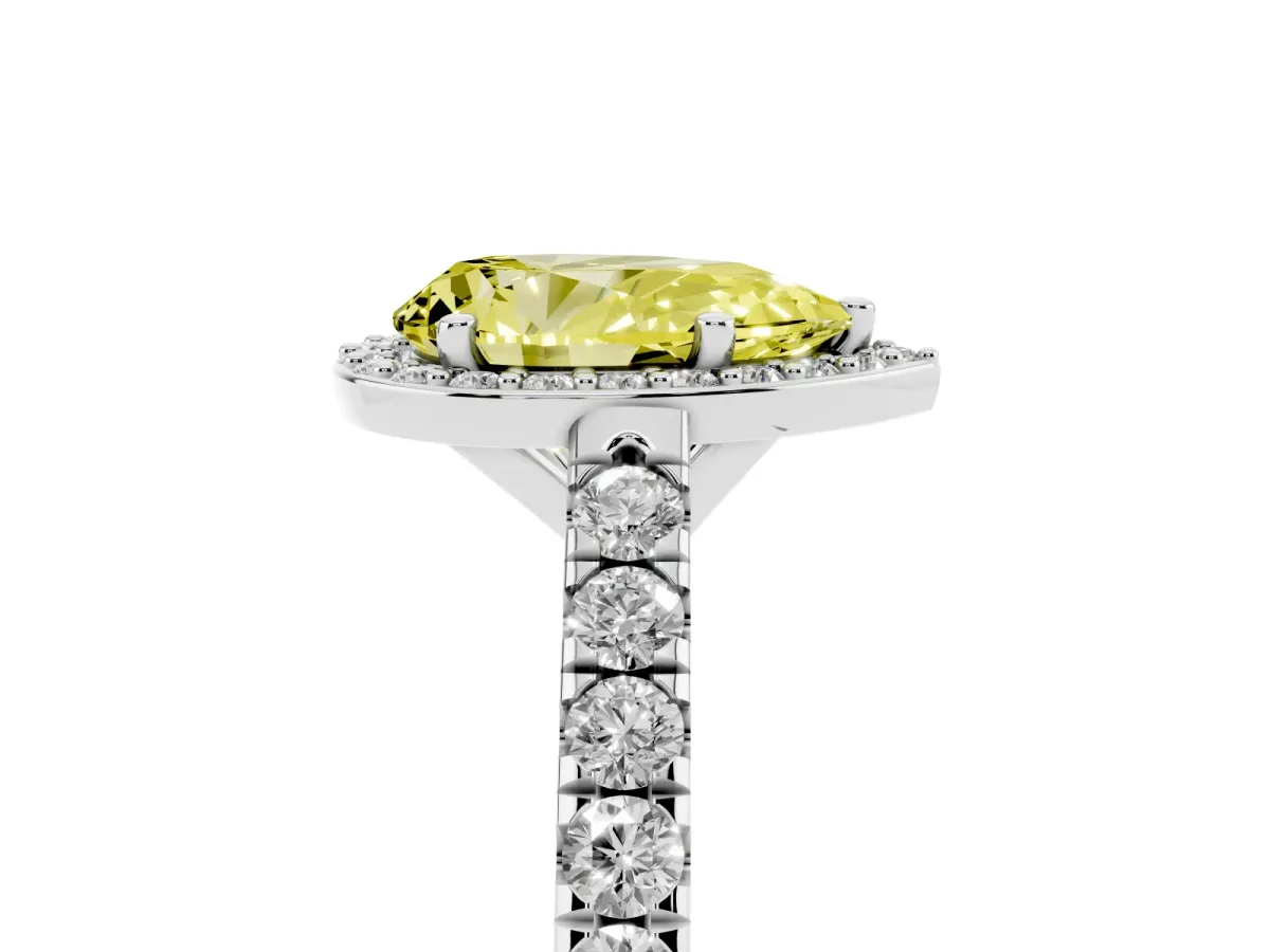 Fancy Yellow Pear Cut Cut Halo Diamond Engagement Ring with Pave Band and Four-Prong Setting Platinum