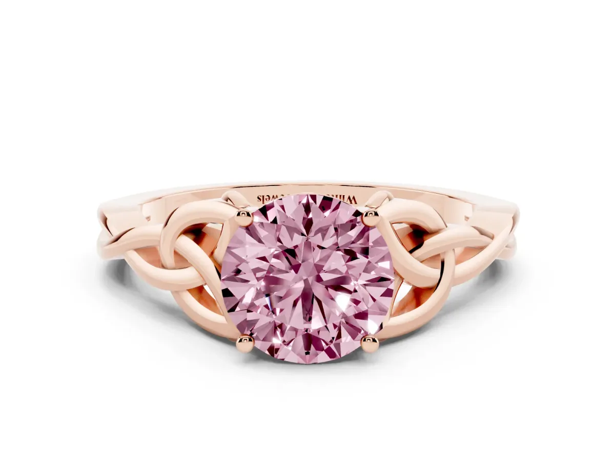 Fancy Pink Round Cut Diamond Solitaire Engagement Ring with Celtic Knot Band and Four-Prong Setting Rose gold
