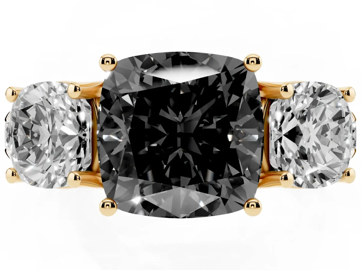 Fancy Black Three-Stone Cushion Cut Diamond Pavé Band with Prong Setting Yellow gold