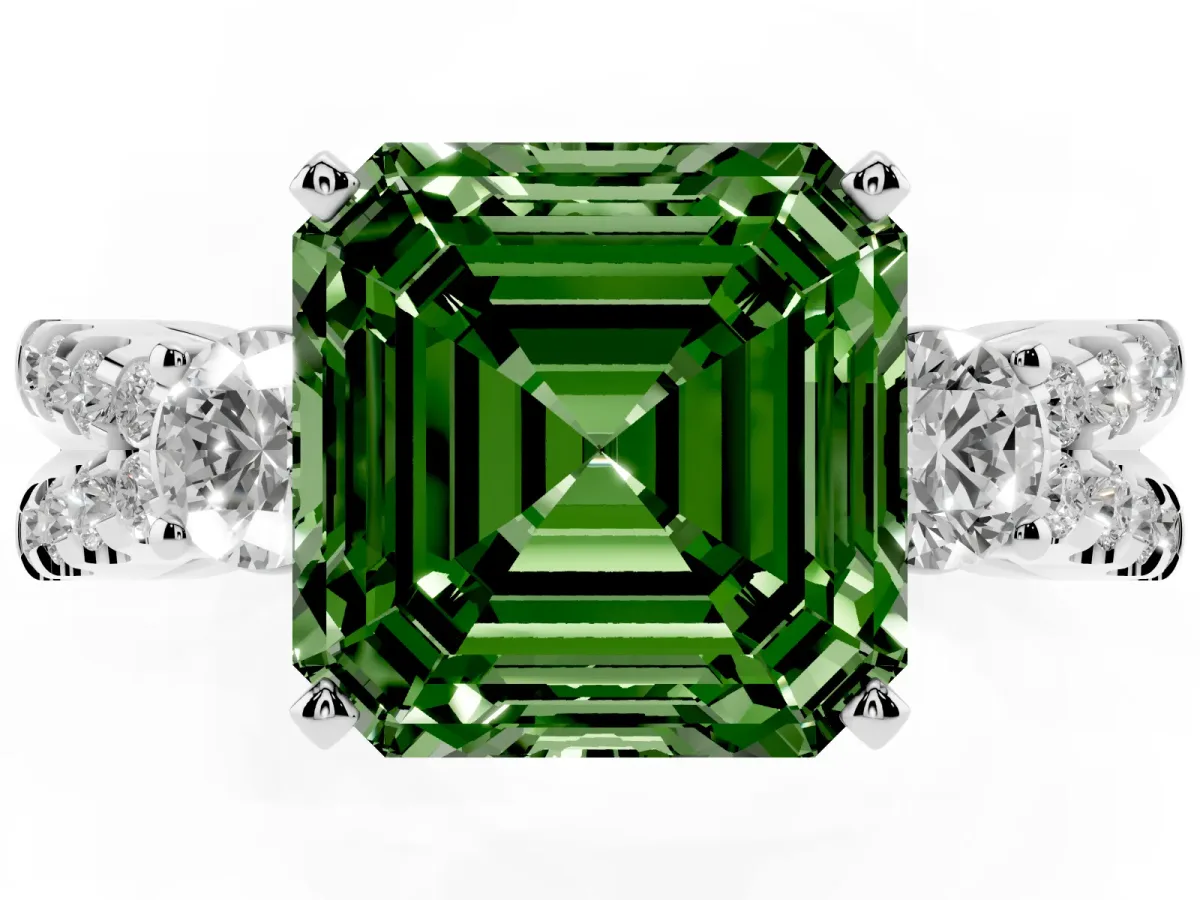 Fancy Green Asscher Cut Diamond Three-Stone Ring with Pavé Split Shank and Four-Prong Setting Platinum