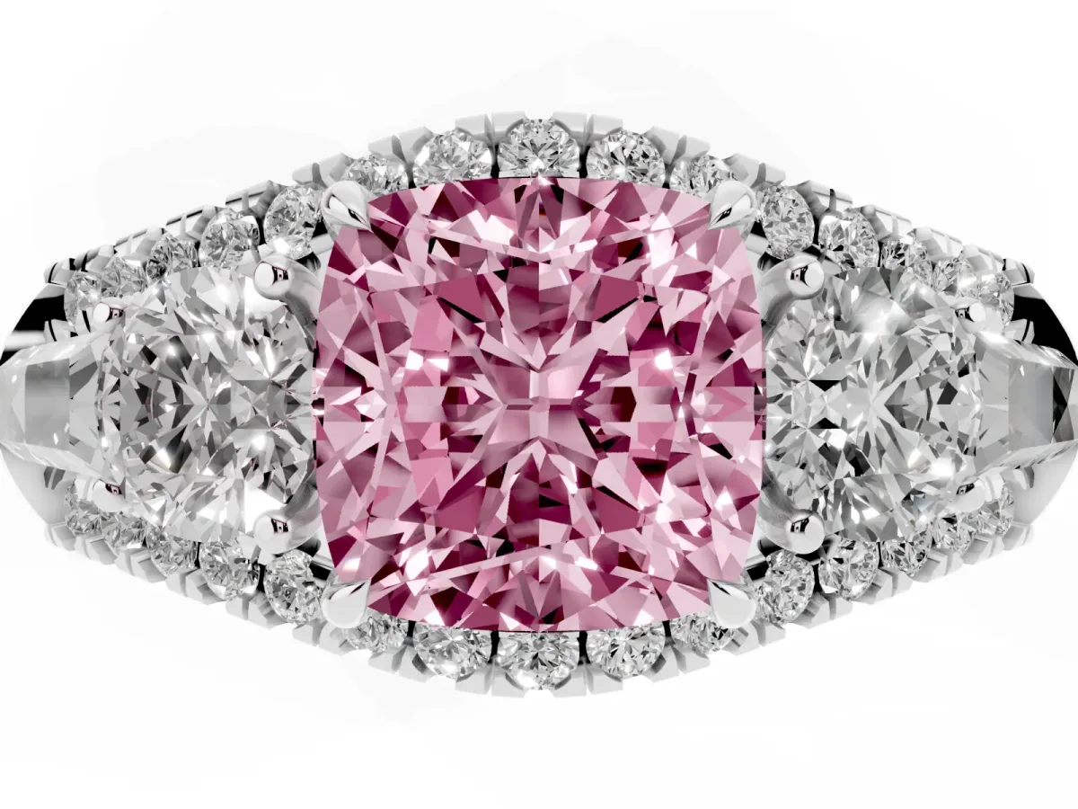 Fancy Pink Three-Stone Cushion Cut Diamond Engagement Ring with Pave Band and Prong Setting Silver