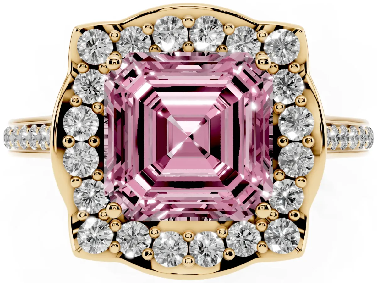 Fancy Pink Asscher Cut Halo Round Diamond Pave Band with Four-Prong Setting Yellow gold
