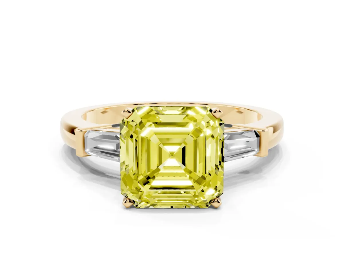 Fancy Yellow Asscher Cut Cut Diamond Solitaire Ring with Tapered Baguette Accents and Four-Prong Setting Yellow gold