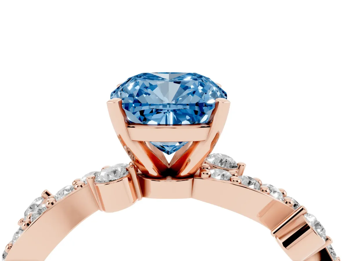 Fancy Blue Cushion Cut Cut Solitaire Diamond Twisted Band with Pave Setting Rose gold